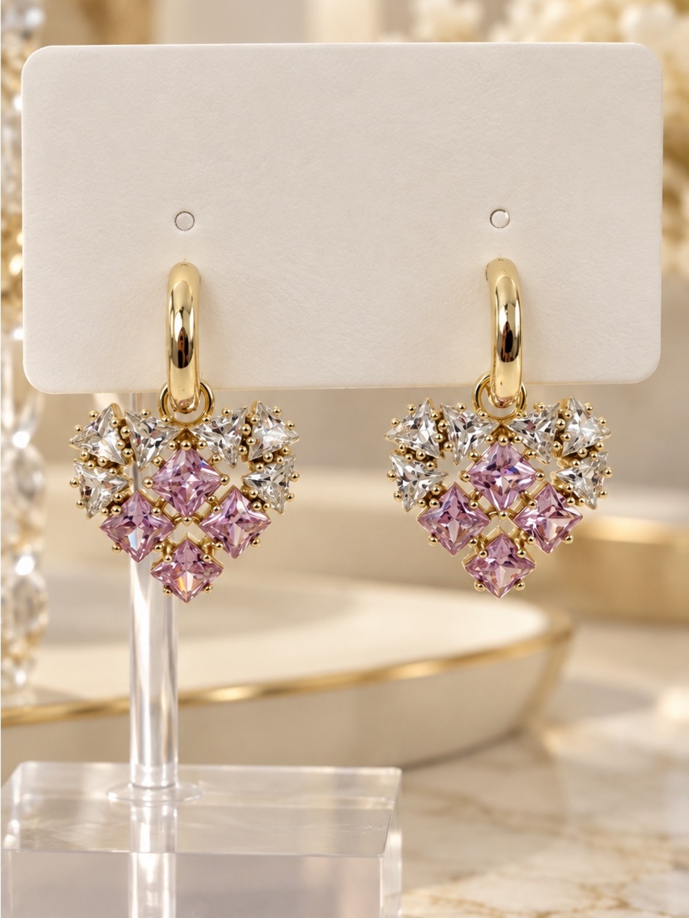 Gold Plated Heart Drop Earrings with Pink and Clear Stones